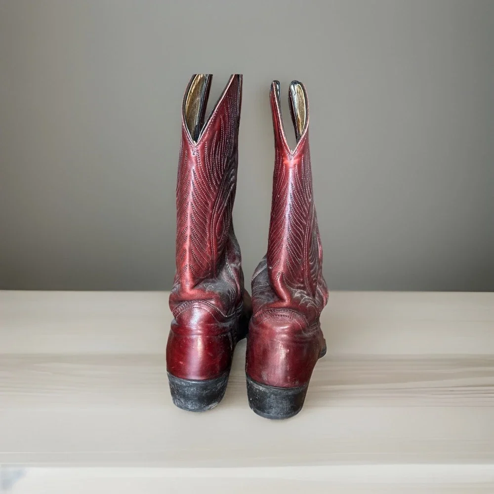 Vintage Chucks Cowboy Boots Black Cherry Burgundy Leather Mens 9.5 Round Toe
